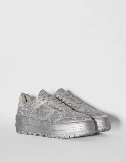 BERSHKA Baskets plateforme avec brillants Argent New