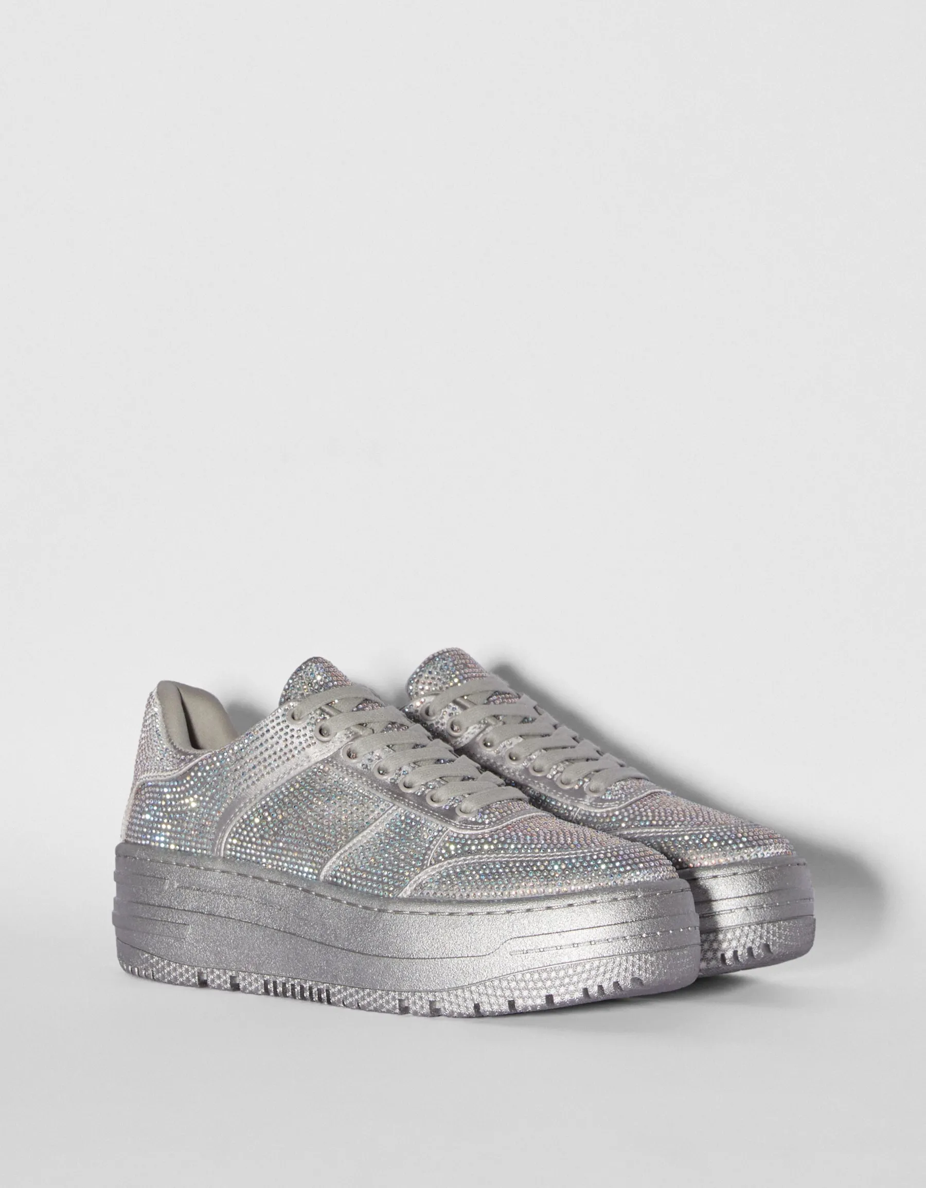 BERSHKA Baskets plateforme avec brillants Argent New