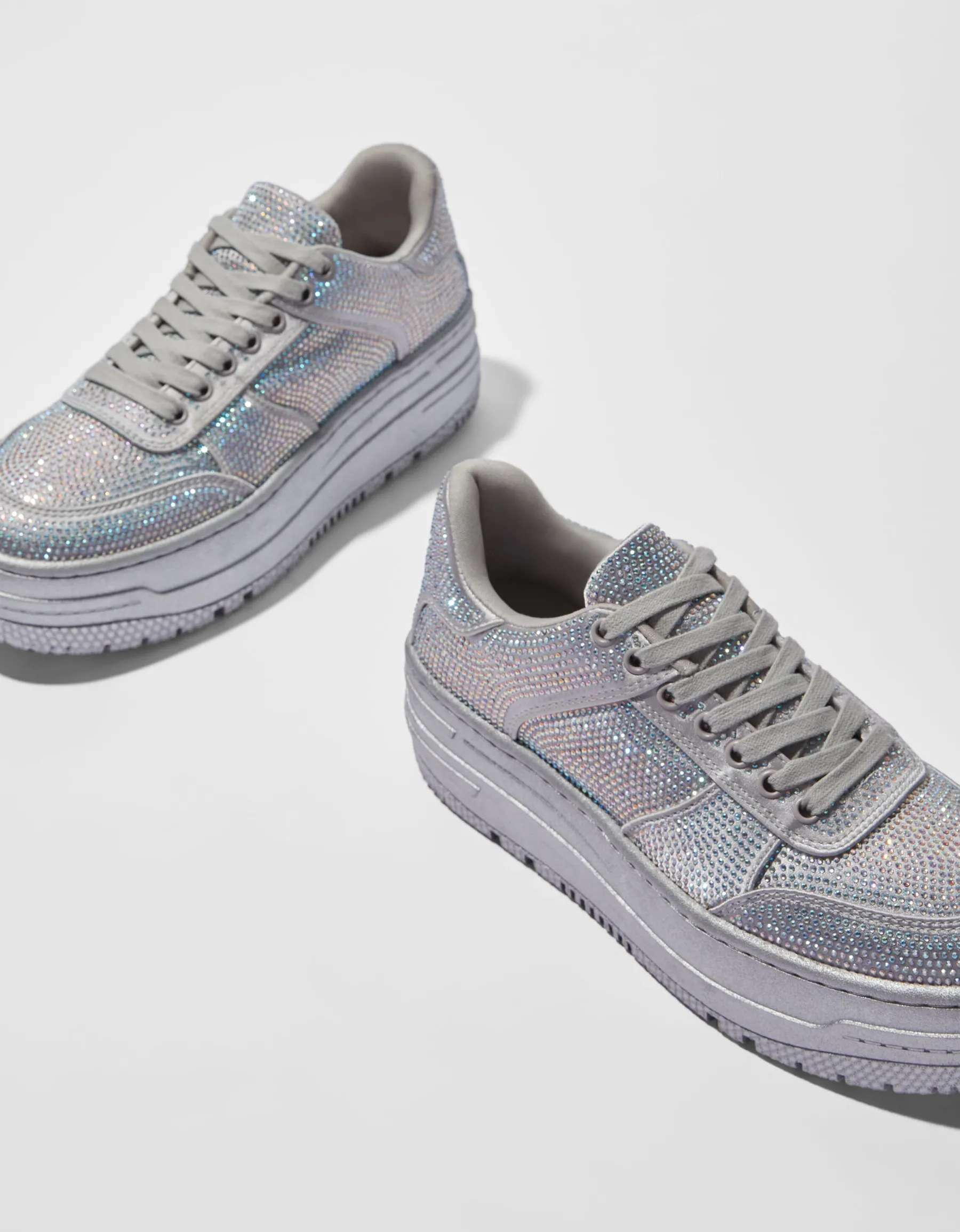 BERSHKA Baskets plateforme avec brillants Argent New