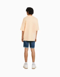 BERSHKA Bermuda denim skinny retroussé Bleu Shop