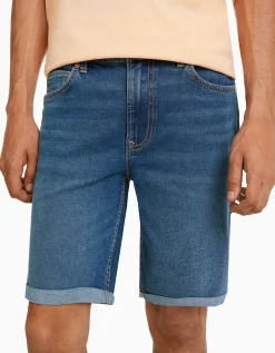 BERSHKA Bermuda denim skinny retroussé Bleu Shop
