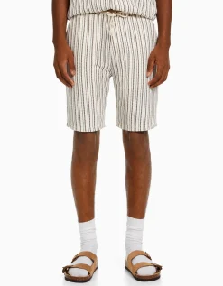 BERSHKA Bermuda jogger rustique rayures Blanc / Noir Cheap