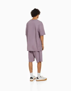 BERSHKA Bermuda molleton effet délavé Blanc Hot