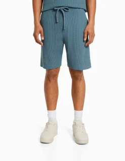 BERSHKA Bermuda molleton gaufré Blanc cassé Clearance