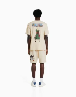 BERSHKA Bermuda molleton imprimé One Piece Camel Best Sale