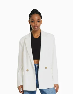 BERSHKA Blazer tailoring croisé regular fit coupe féminine Sable Discount