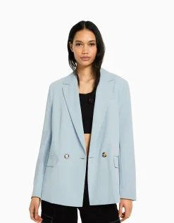 BERSHKA Blazer tailoring croisé regular fit coupe féminine Sable Cheap