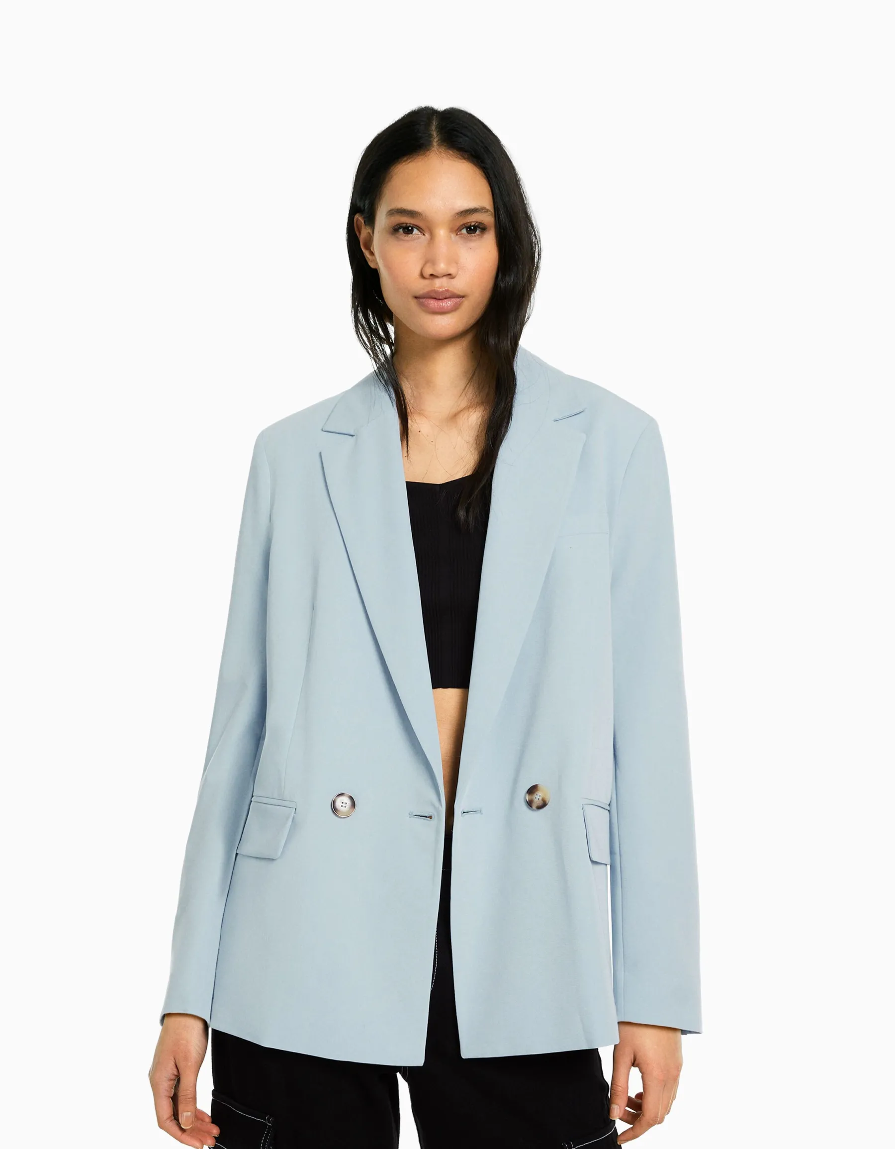 BERSHKA Blazer tailoring croisé regular fit coupe féminine Sable Cheap