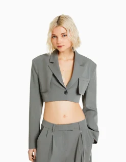 BERSHKA Blazer tailoring cropped Gris Store