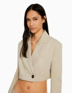 BERSHKA Blazer tailoring cropped serge Rose Discount