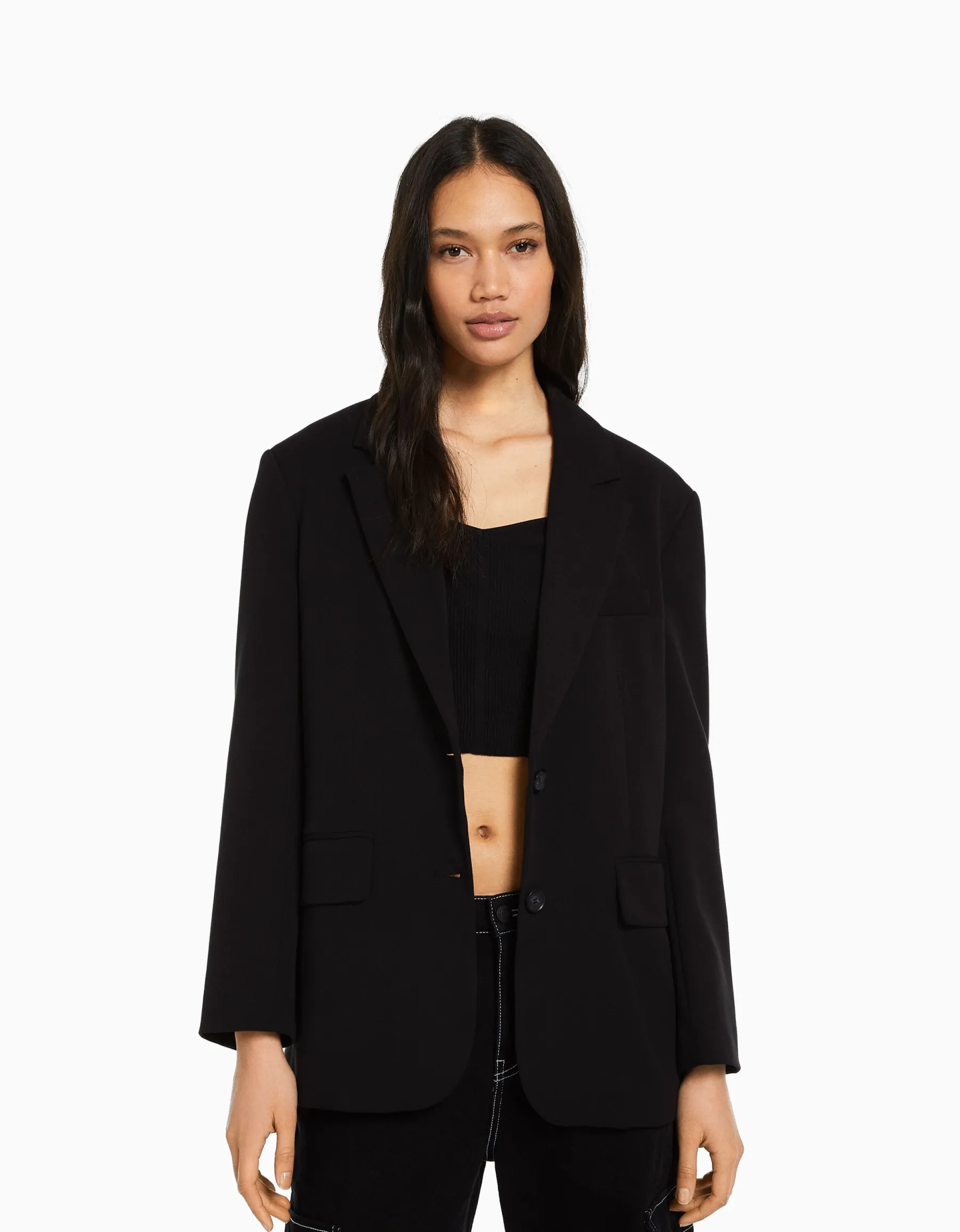 BERSHKA Blazer tailoring loose fit coupe féminine Noir Store