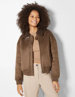 BERSHKA Blouson aviateur double face Marron Hot