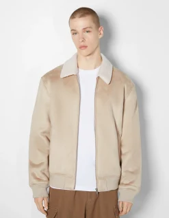 BERSHKA Blouson aviateur suédine Écru Hot