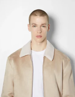 BERSHKA Blouson aviateur suédine Écru Hot