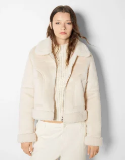 BERSHKA Blouson biker cropped double face suédine Blanc cassé Discount