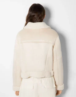 BERSHKA Blouson biker cropped double face suédine Blanc cassé Discount