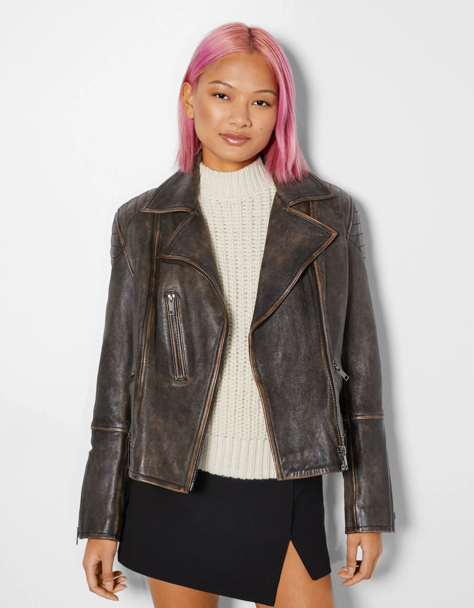 BERSHKA Blouson biker cuir effet usé Noir Best Sale