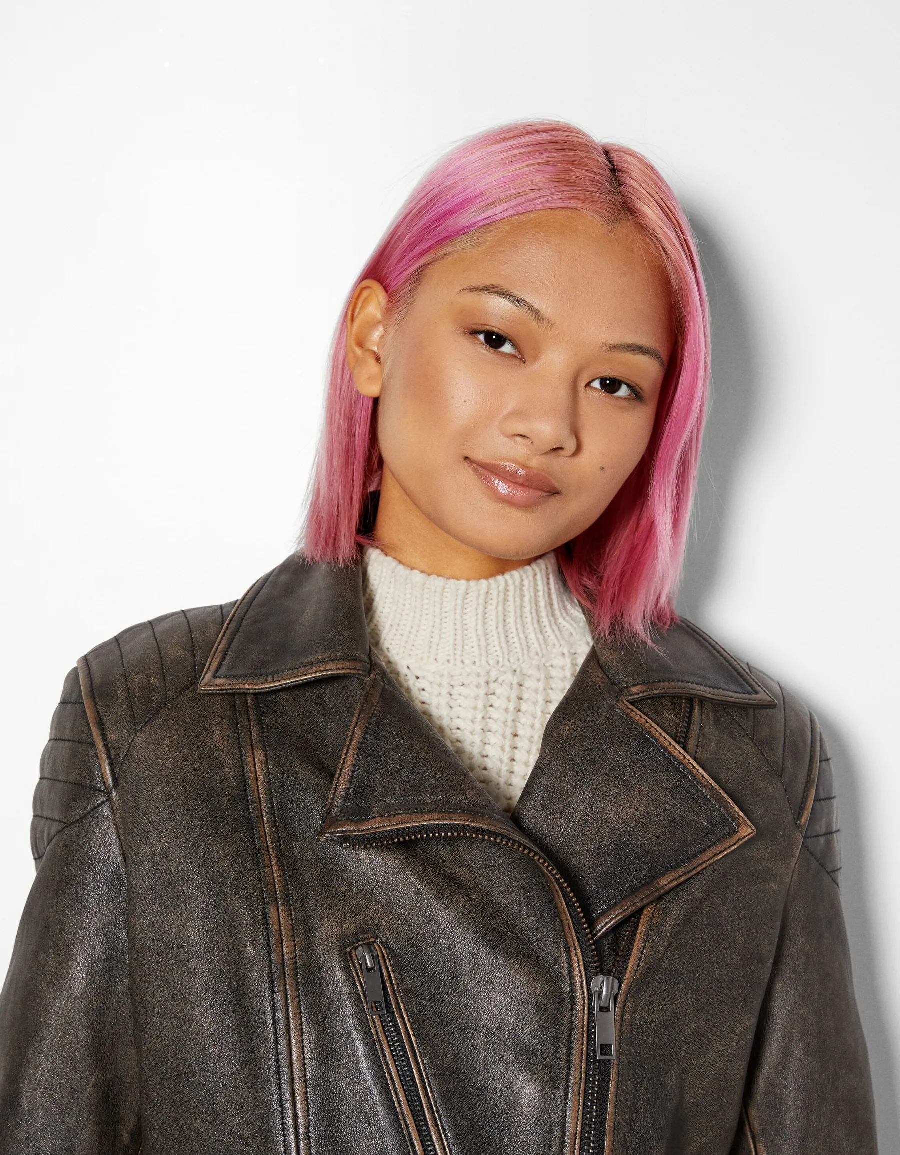 BERSHKA Blouson biker cuir effet usé Noir Best Sale