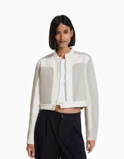 BERSHKA Blouson biker denim contraste Gris Flash Sale