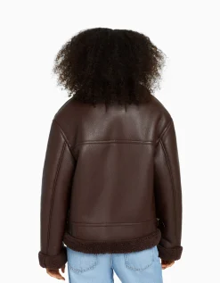 BERSHKA Blouson biker double face similicuir Marron Store