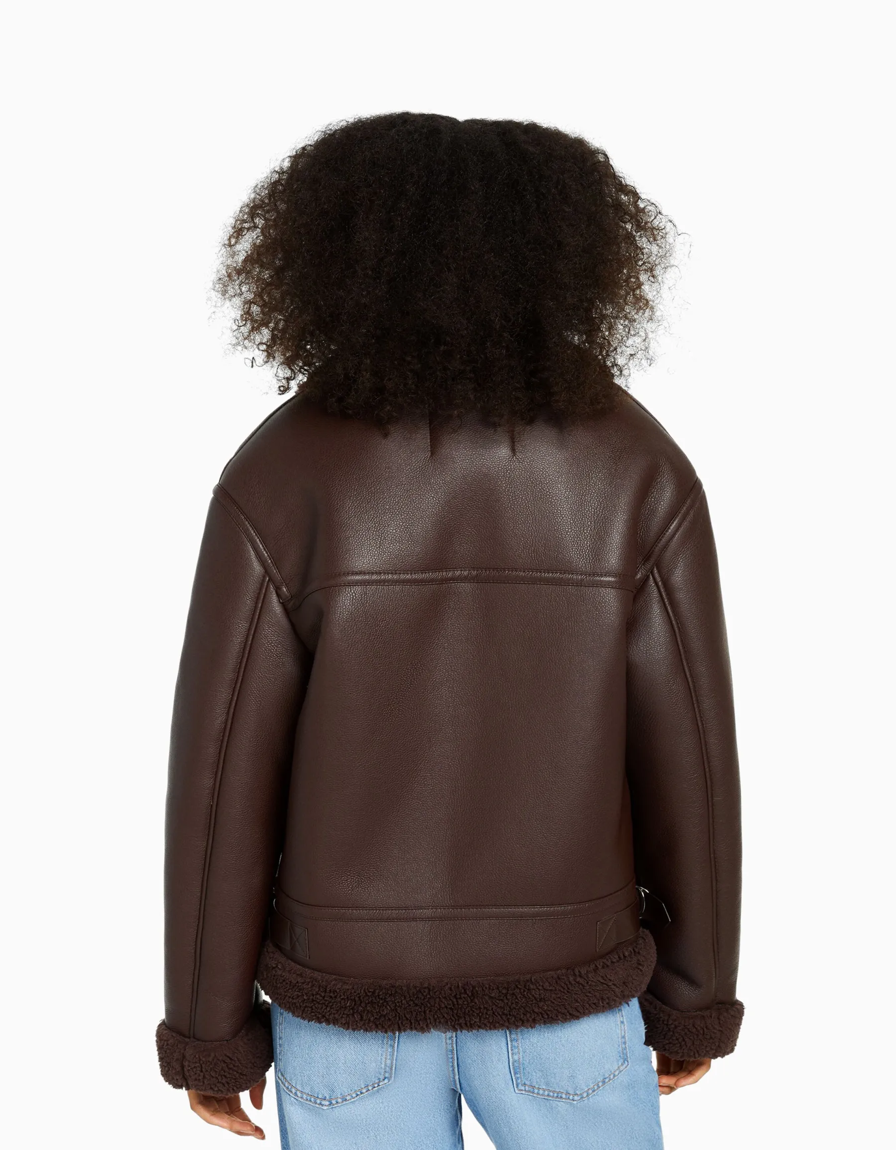 BERSHKA Blouson biker double face similicuir Marron Store