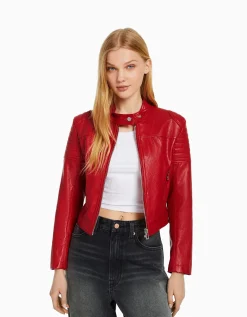 BERSHKA Blouson biker racing similicuir Noir Store
