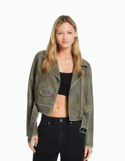 BERSHKA Blouson biker similicuir effet usé ceinture Gris Outlet