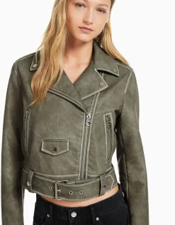 BERSHKA Blouson biker similicuir effet usé ceinture Gris Outlet