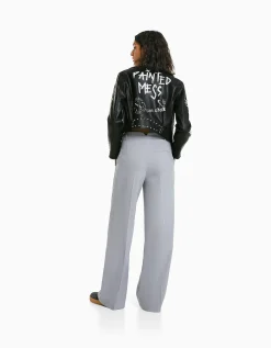 BERSHKA Blouson biker similicuir clous Noir Best Sale