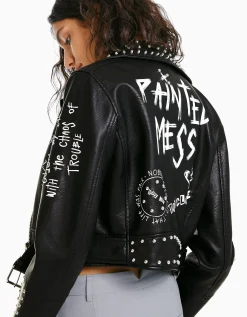 BERSHKA Blouson biker similicuir clous Noir Best Sale