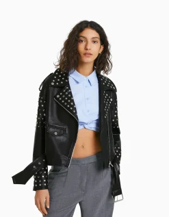 BERSHKA Blouson biker similicuir oversize clouté Noir Flash Sale