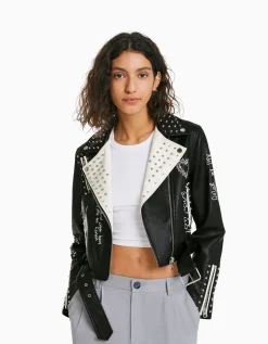 BERSHKA Blouson biker similicuir clous Noir Cheap