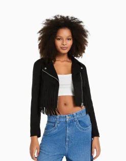 BERSHKA Blouson biker suédine effrangé Noir Shop