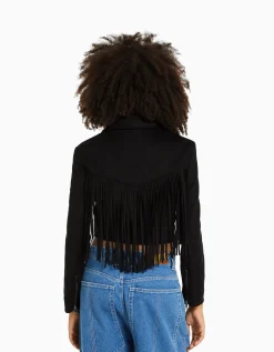 BERSHKA Blouson biker suédine effrangé Noir Shop