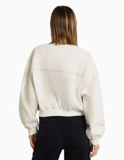 BERSHKA Blouson bomber denim fil contraste Blanc cassé Sale