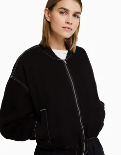 BERSHKA Blouson bomber denim fil contraste Blanc cassé Flash Sale