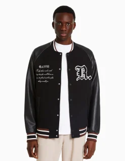BERSHKA Blouson bomber mélange de laine similicuir Noir Hot