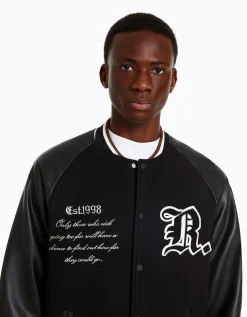 BERSHKA Blouson bomber mélange de laine similicuir Noir Hot