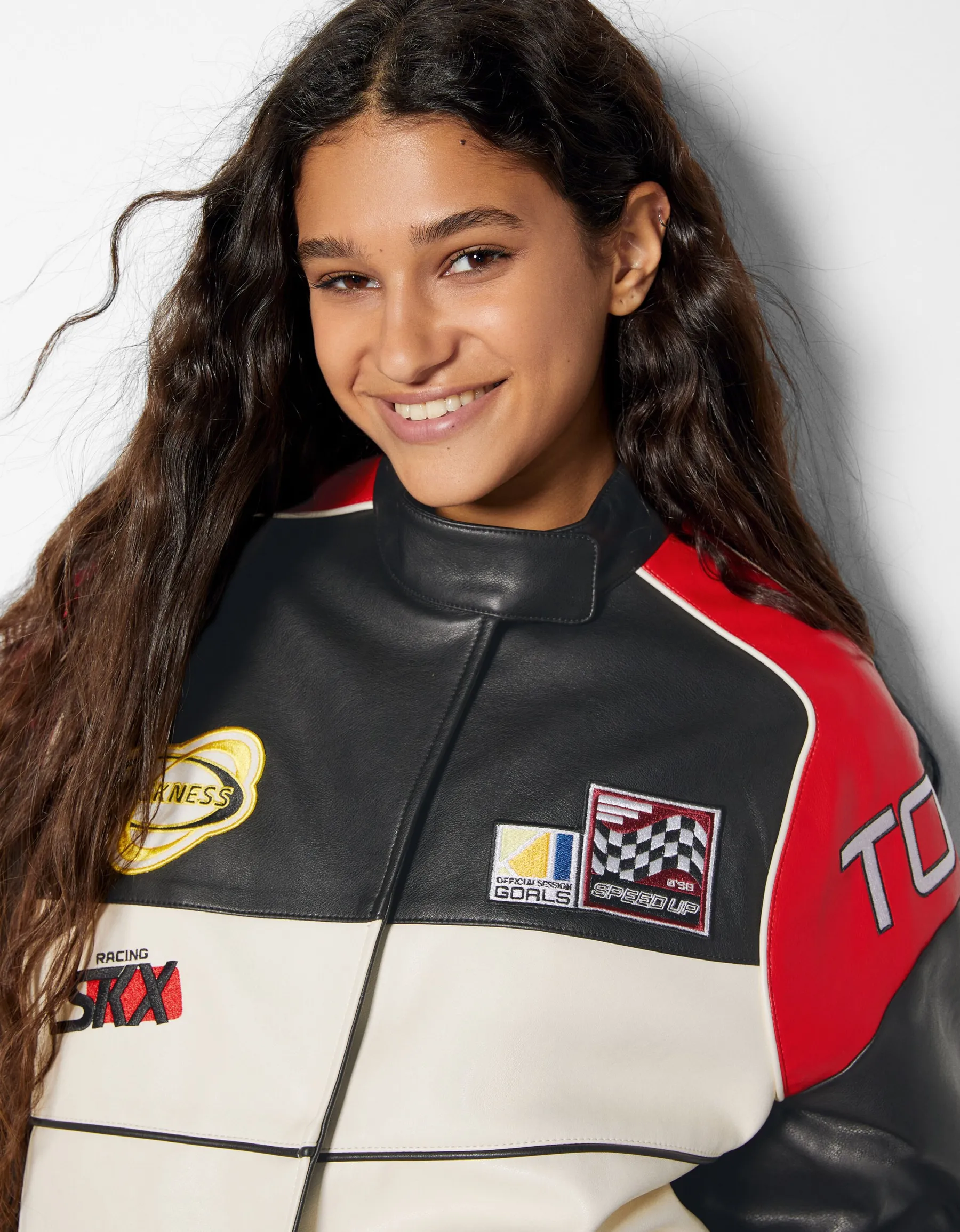 BERSHKA Blouson bomber similicuir racing Rouge Cheap