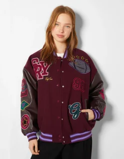 BERSHKA Blouson bomber varsity Rouge Shop