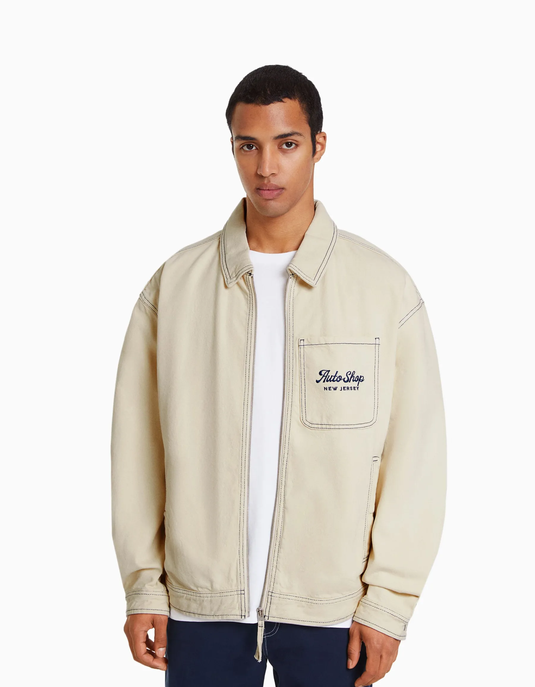 BERSHKA Blouson coton coutures contrastantes broderie Écru Store
