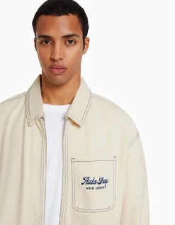 BERSHKA Blouson coton coutures contrastantes broderie Écru Store