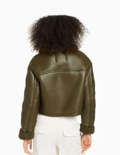 BERSHKA Blouson court double face similicuir Kaki Discount
