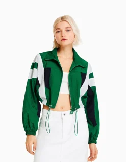 BERSHKA Blouson cropped effet nylon color block Vert Best Sale