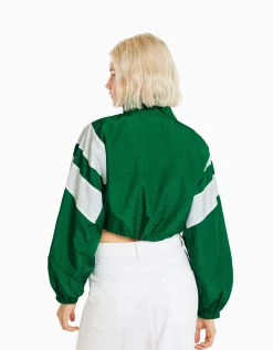 BERSHKA Blouson cropped effet nylon color block Vert Best Sale