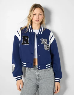 BERSHKA Blouson cropped varsity Violet Flash Sale
