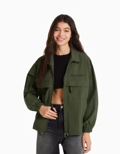 BERSHKA Blouson effet nylon poches Kaki Discount