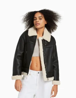 BERSHKA Blouson long double face similicuir Noir Online