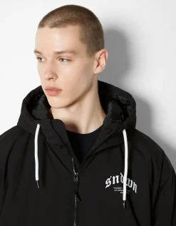 BERSHKA Blouson matelassé capuche imprimé Bleu Fashion