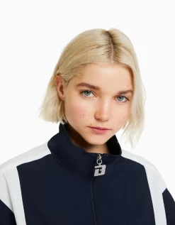BERSHKA Blouson oversize effet nylon color block Bleu Outlet